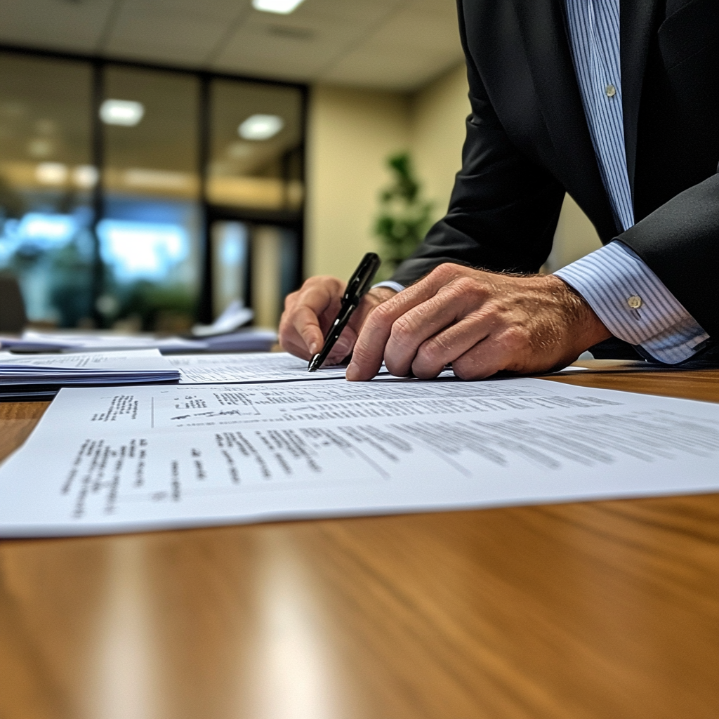 An expert reviewing a patent document, pointing out different sections on a conference table.