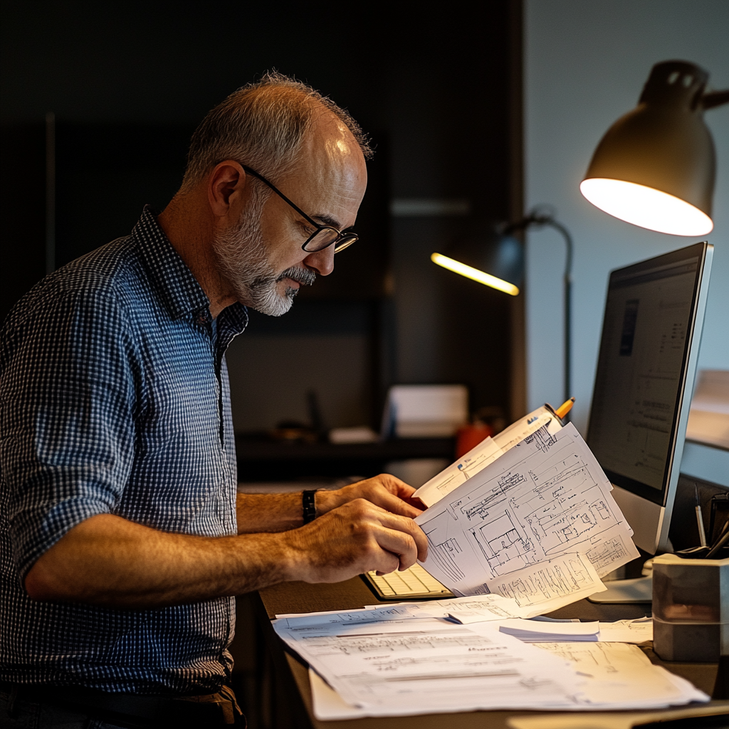 An inventor in an office, reviewing a patent application document.