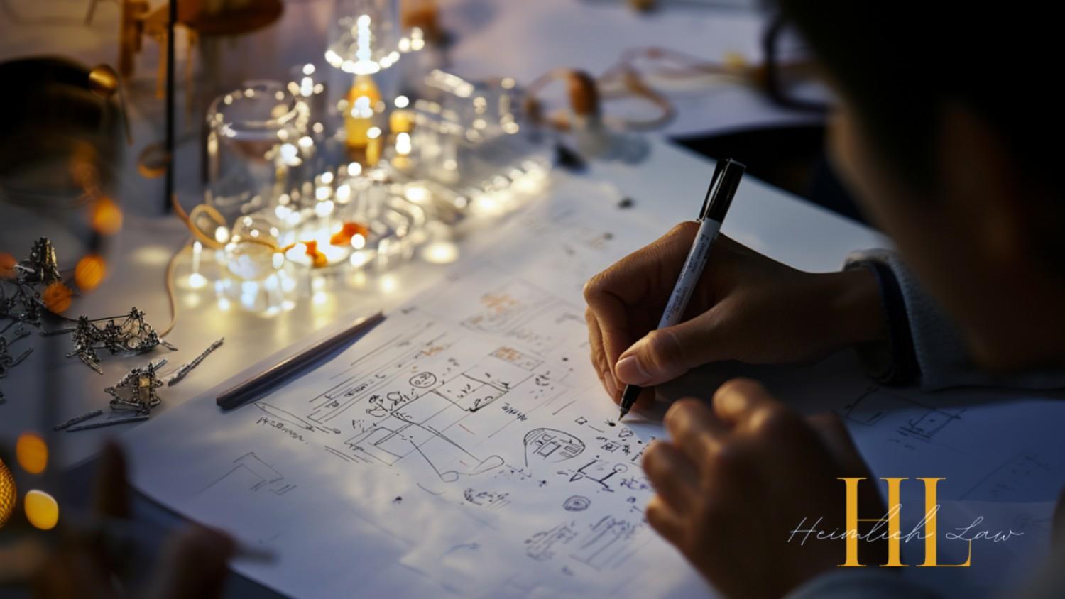 Close-up of a person sketching an invention idea with patent application documents nearby.