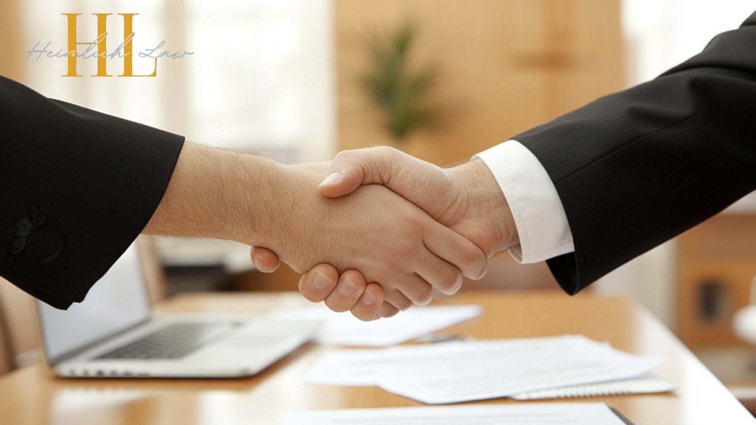 Two professionals shaking hands after finalizing a patent sale agreement.