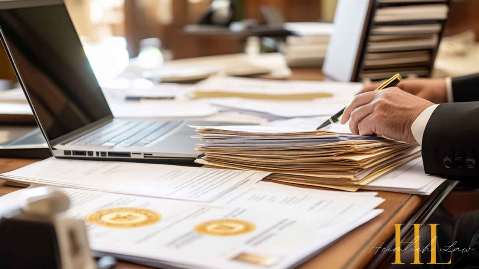 Hand signing a patent application document on a desk with legal papers and a laptop.