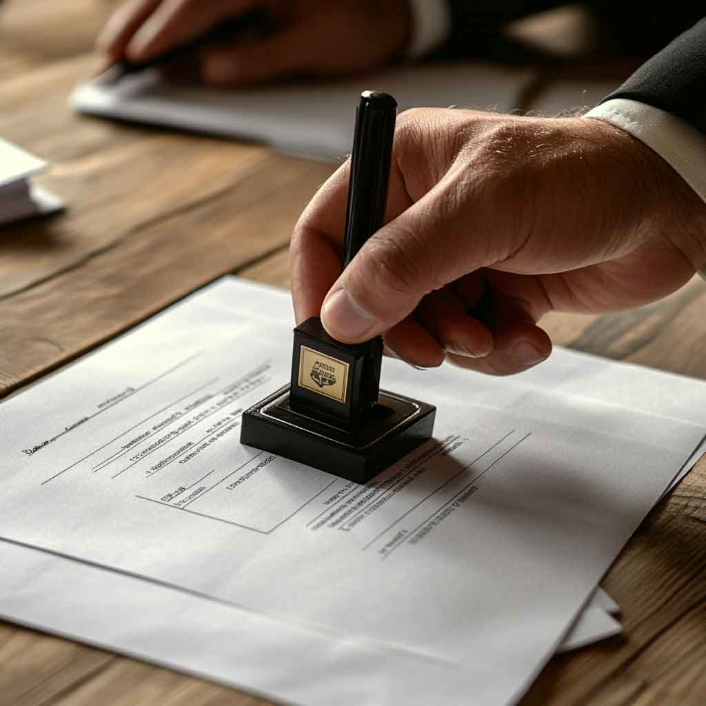 A man’s hand stamping a patent document on a desk.