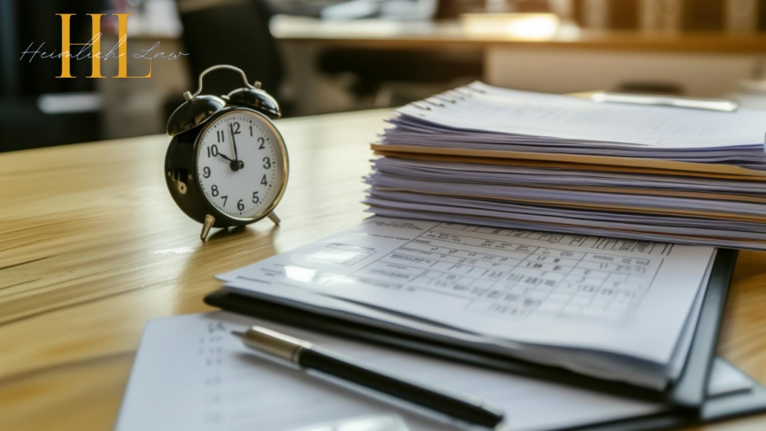 Calendar, paperwork, and clock on a desk representing the timeline to get a patent.