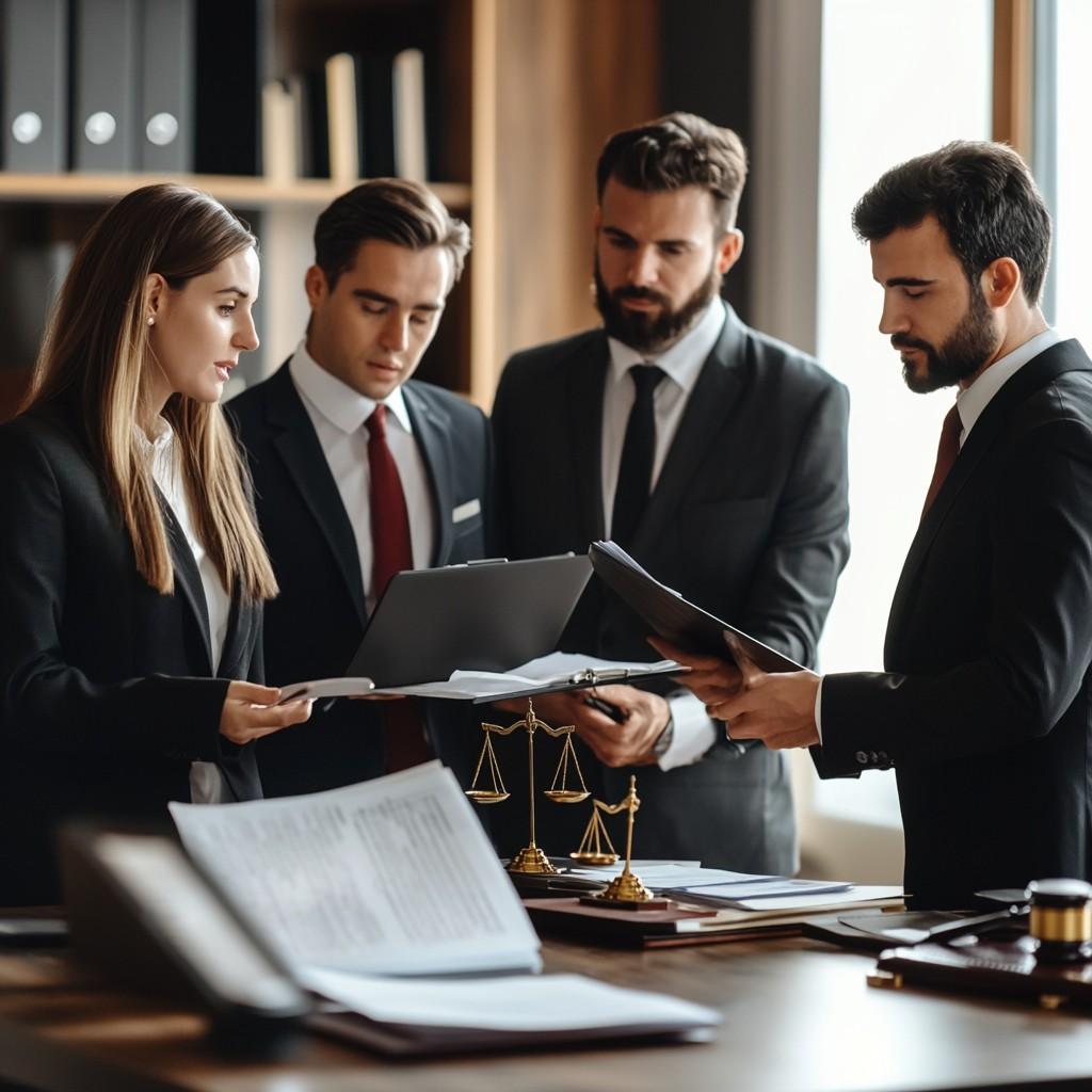 A group of professional lawyers standing and engaging in conversation about patent law