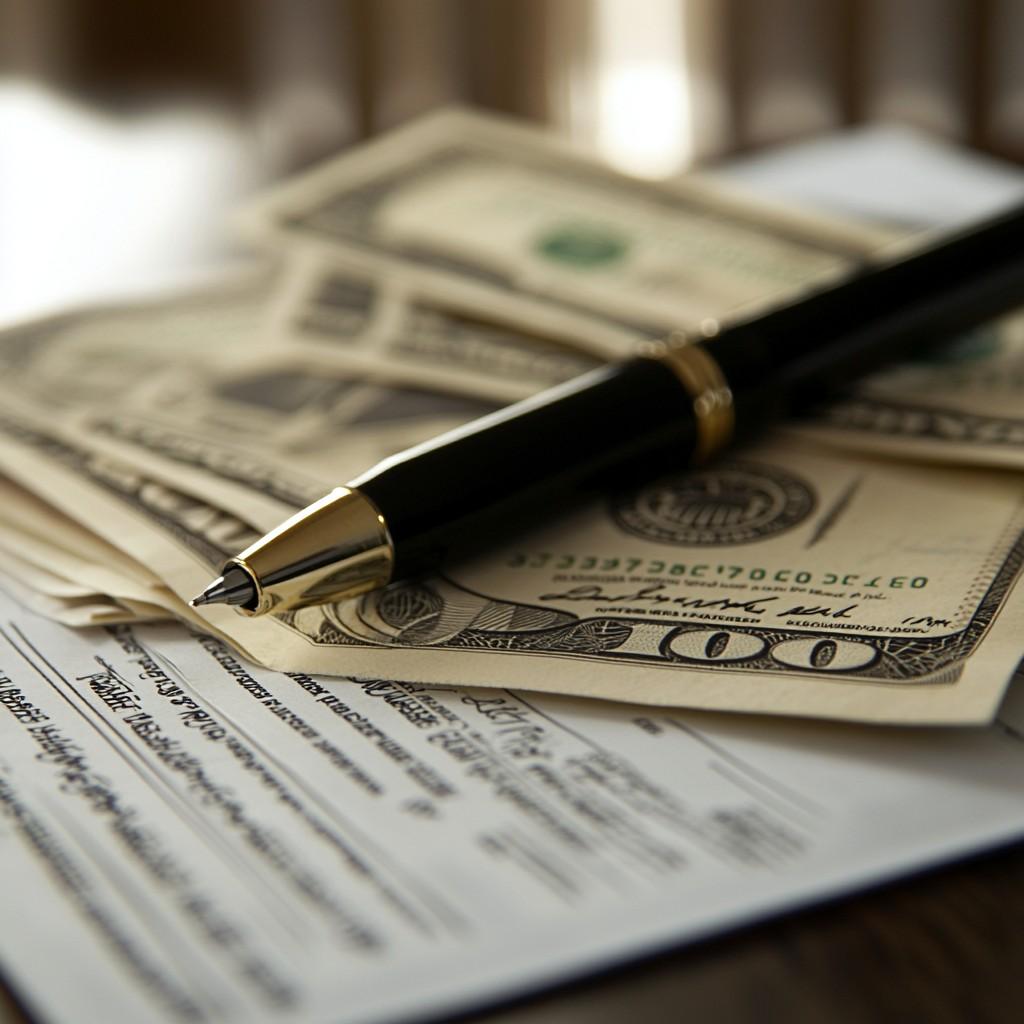 A table with money, documents, and a pen representing the sale of a patent.