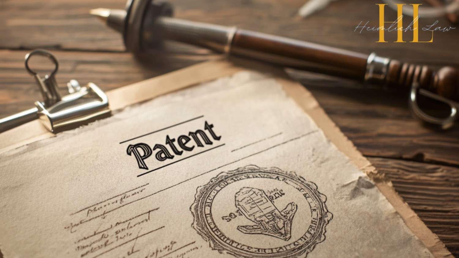 Patent document on a desk with a seal and pen.