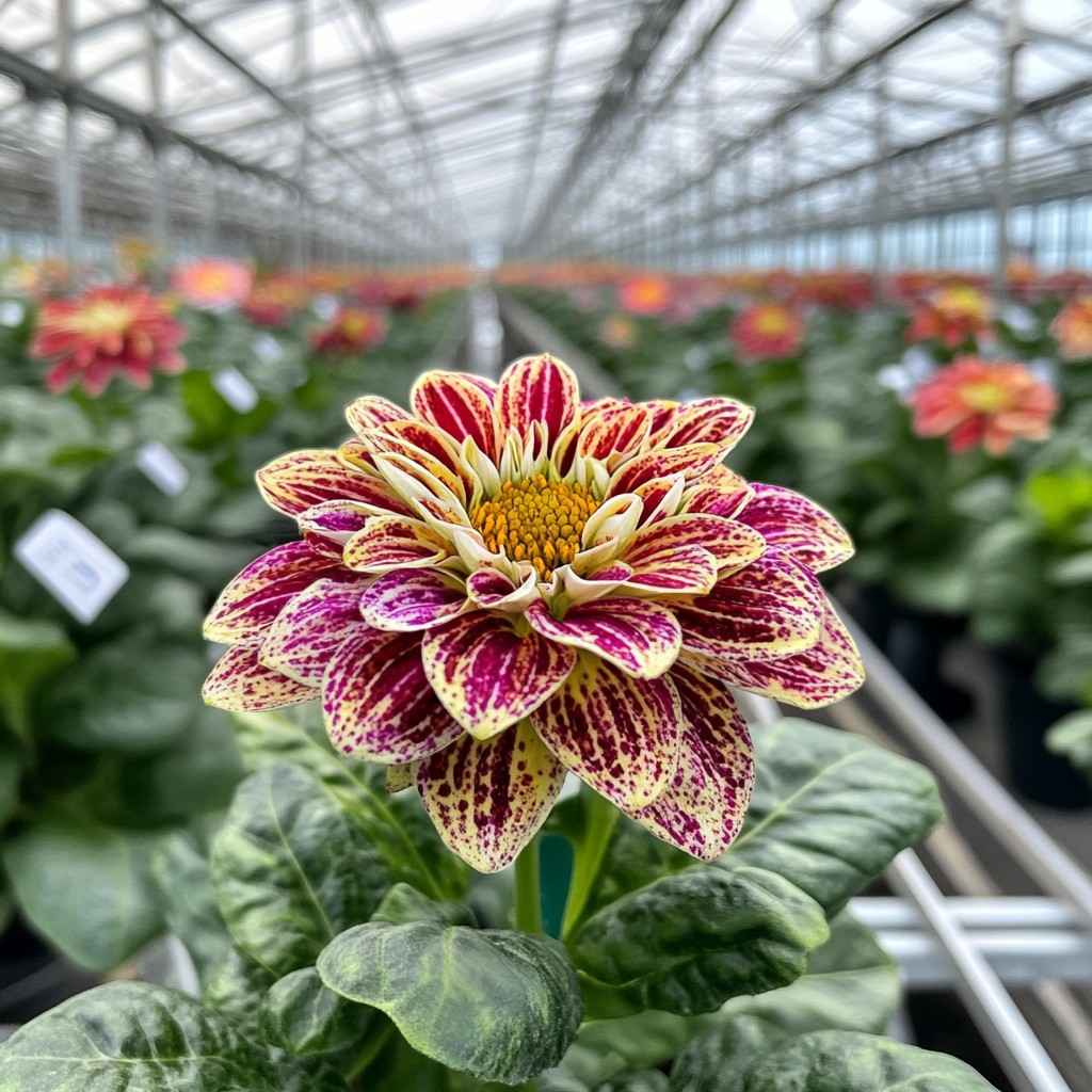 A newly cultivated flower variety in a vibrant greenhouse, tagged as a patented plant species. 