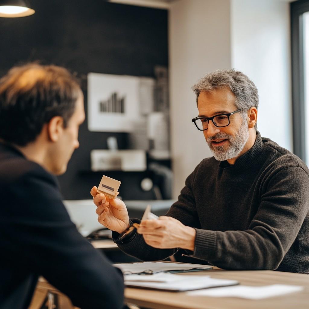 An inventor holding a prototype while discussing with a patent attorney in an office.