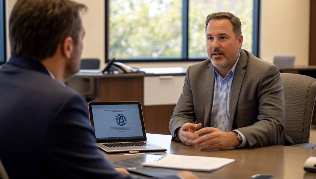 A CEO consulting an attorney in an office, discussing intellectual property protection for their business.