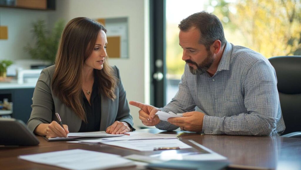 A trademark attorney explaining legal options to a client in an office setting.