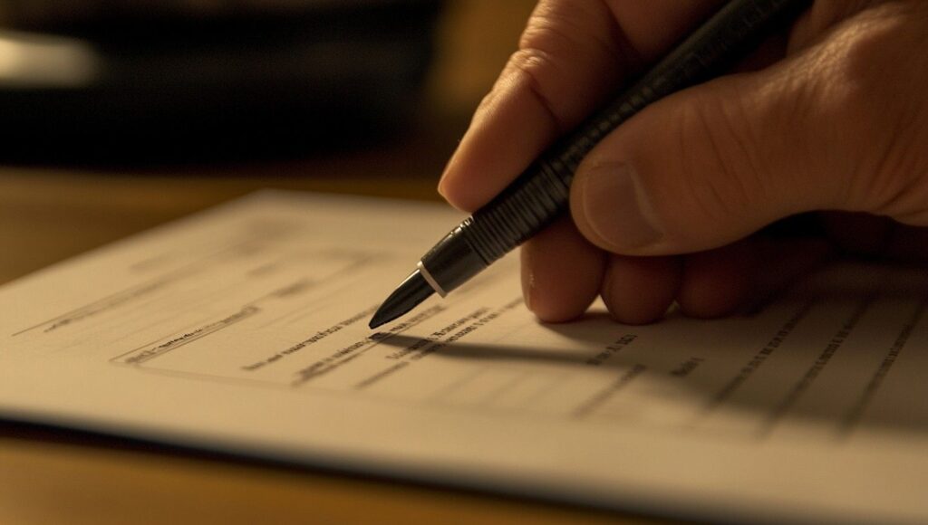 A lawyer wrting on a registration document in an office.