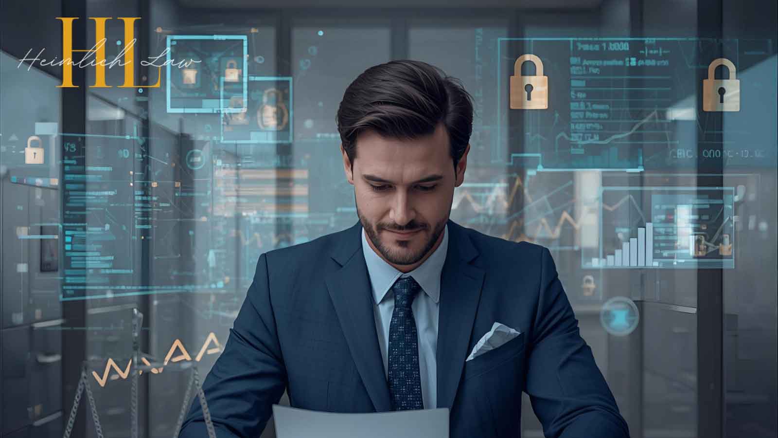 Business executive reviewing confidential documents in a modern office with secure data overlays, representing trade secret protection and corporate security.