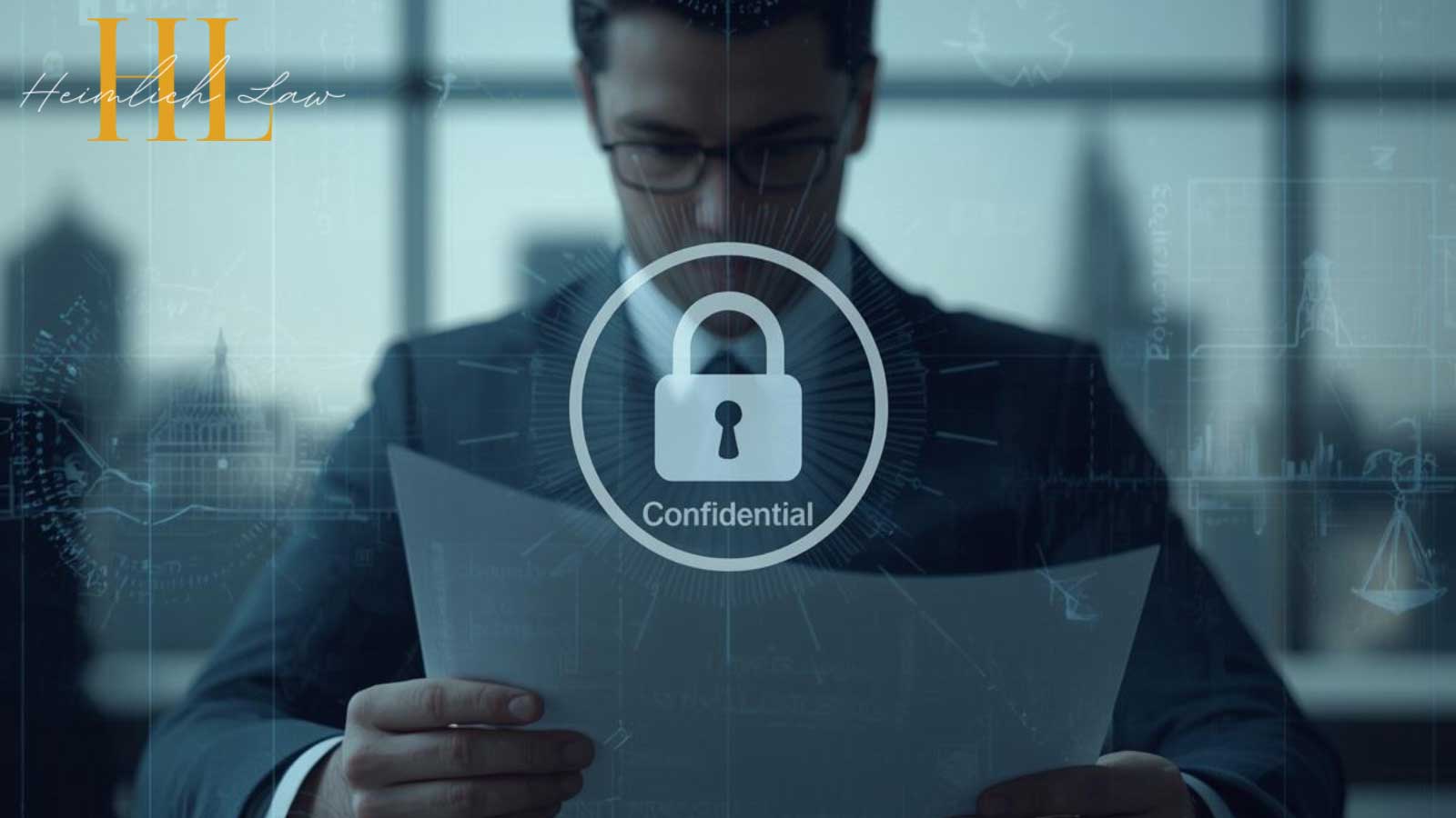 Business professional reviewing confidential trade secret documents in a modern office with visual cues of legal protection and data security.