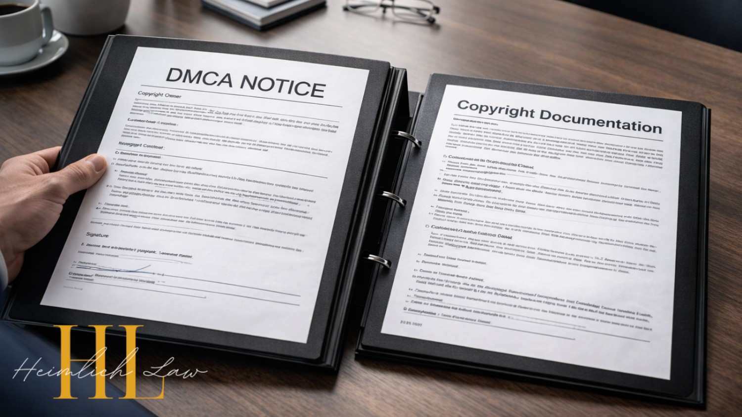 A professional reviewing a DMCA notice and copyright documents