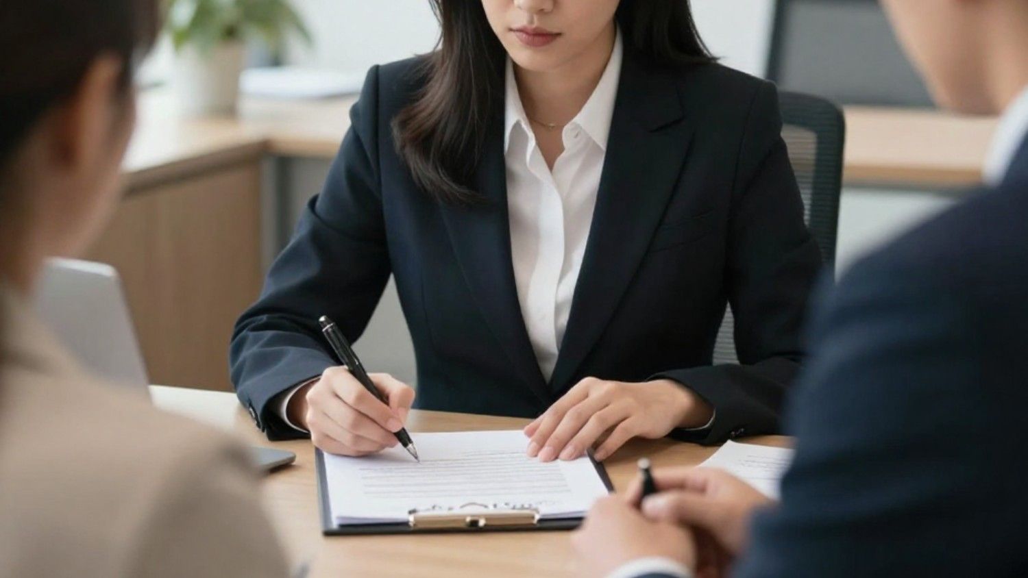 Image of a newly hired employee signing an NDA witnessed by two company personnel