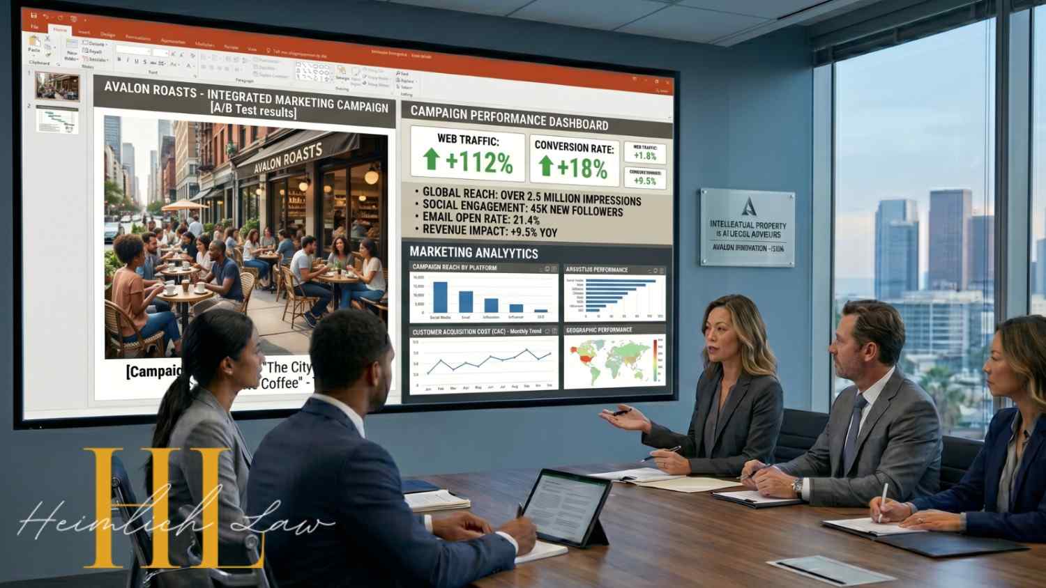 A modern conference room with business owners and an intellectual property attorney reviewing digital AI-generated assets on a large screen.