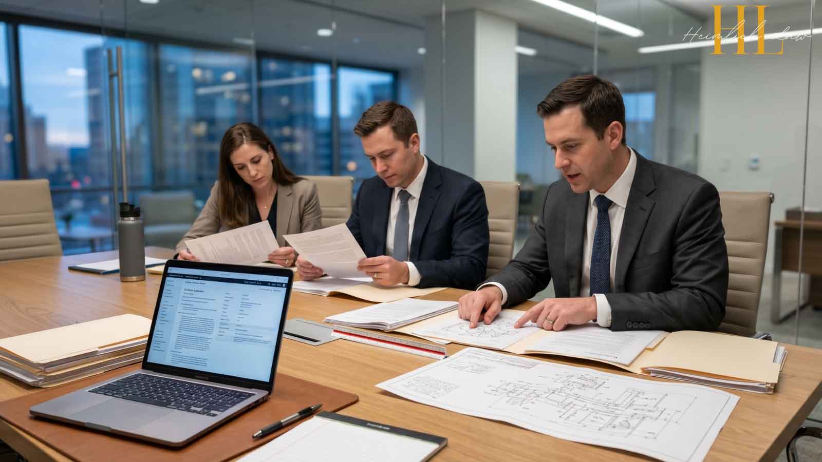 A modern law office conference room where attorneys review patent documents and technical drawings on a table with a laptop open, shown in a realistic professional setting.