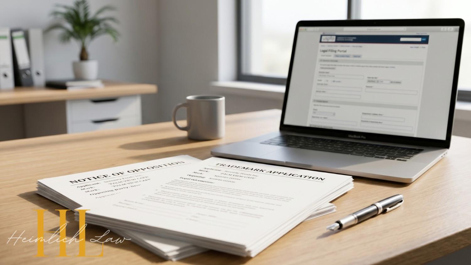 A stack of legal documents labeled “Trademark Application” and “Notice of Opposition” sits neatly beside a pen and a laptop.