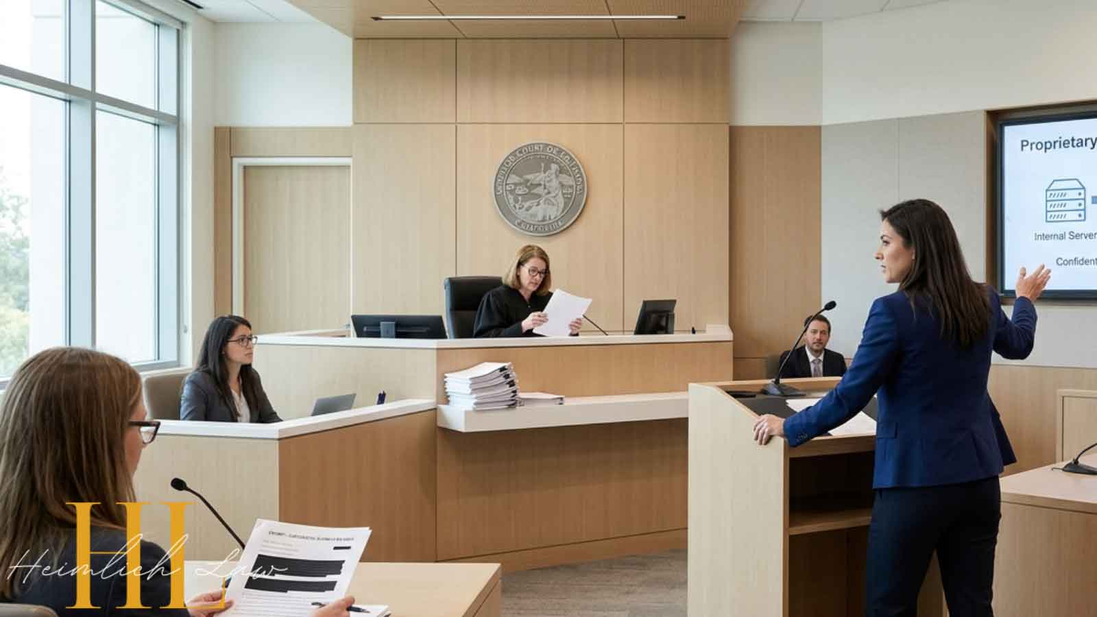 A business trade secret litigation scene inside a modern California courtroom, attorneys presenting evidence related to stolen proprietary data in front of a judge.