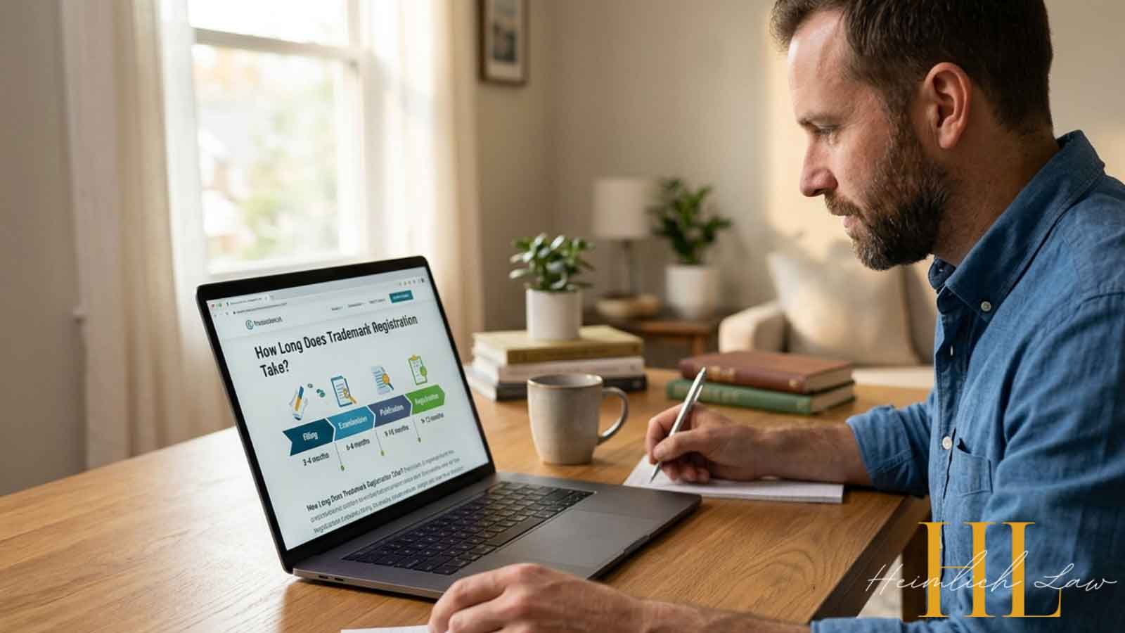 A side profile view of a man writing on a notepad while looking at a laptop displaying an infographic on the trademark registration process.
