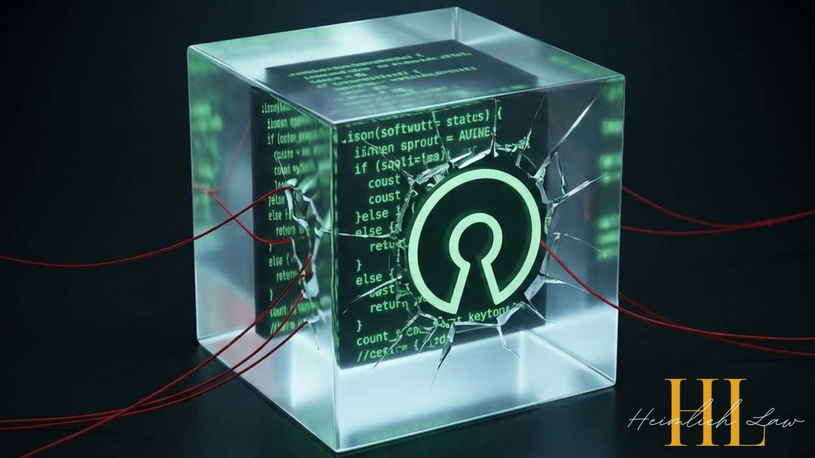 A shattered glass cube containing a glowing green open-source logo and lines of computer code is pierced by multiple red wires on a dark background.