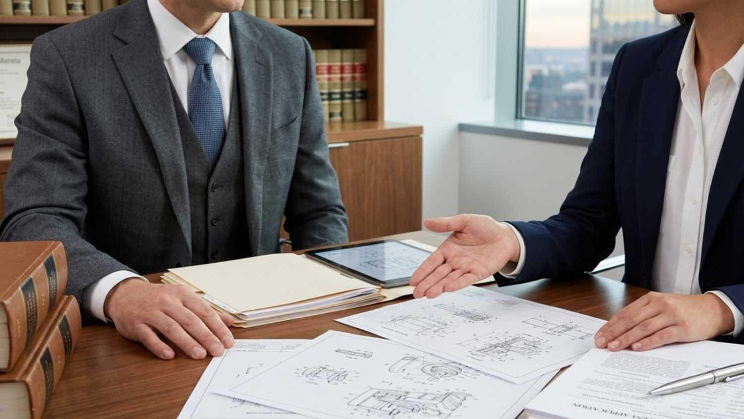 A close-up view of a lawyer in a suit and a client at a desk reviewing technical patent application documents and technical drawings.